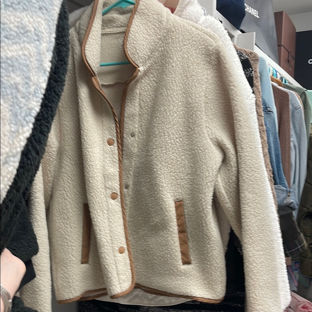 J. Crew Women's Cream Sherpa Jacket with Tan Accents & Snap Closure
